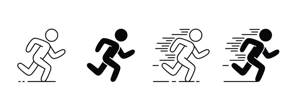 Four running person in black and white with motion lines running runner person stick figure speed movement