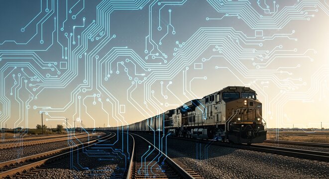 A long freight train moving along tracks during sunset, with a digital blue circuit board graphic overlaid in the sky, symbolizing smart rail logistics and technology