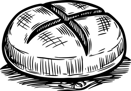Round loaf of bread with crusty texture and cross cut on top, hand drawn vintage illustration