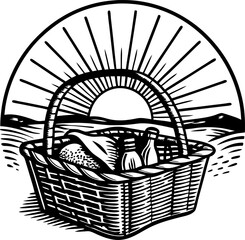Obraz premium Wicker picnic basket with bread and bottles at sunrise over hills background
