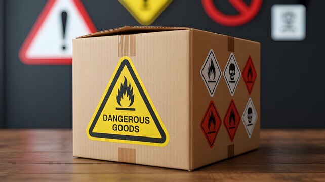 Cardboard box labeled dangerous goods with flammable and toxic hazard symbols standing on a wooden table against a dark background with warning signs for industrial shipping and logistics
