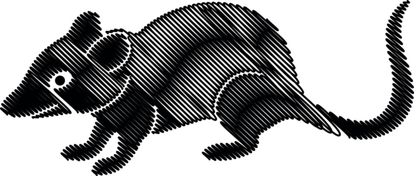 A creative vector graphic depicting a mouse in a stylized manner utilizing a unique hand-drawn scribble or cross-hatch fill effect. The black lines against a white background create a textured.