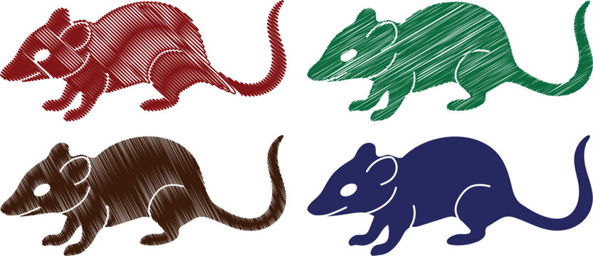 A set of four stylized rat silhouettes featuring a unique scribble texture effect. Each rodent is depicted in a different solid color including red green brown and blue making this vector graphic idea