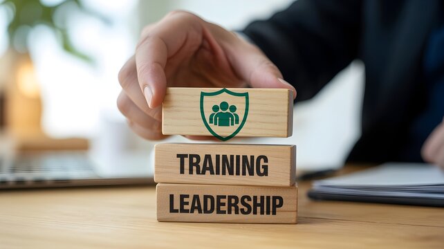 Businessperson building leadership training blocks with shield icon on desk in office