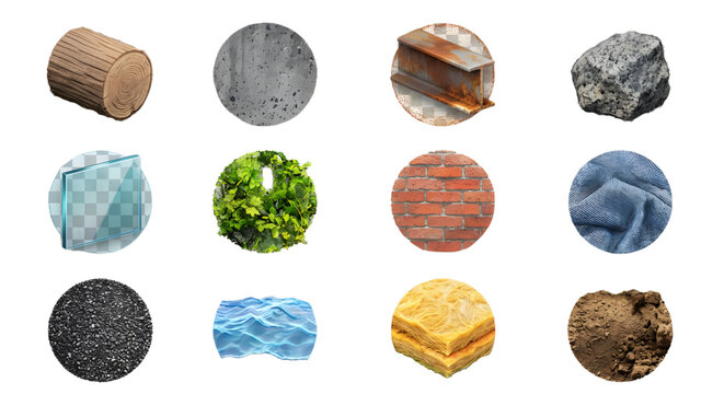 Realistic Building Material Textures in Circular Icon Set, A collection of high-quality circular icons showcasing various physical materials and textures such as wood, concrete, brick, metal, glass,