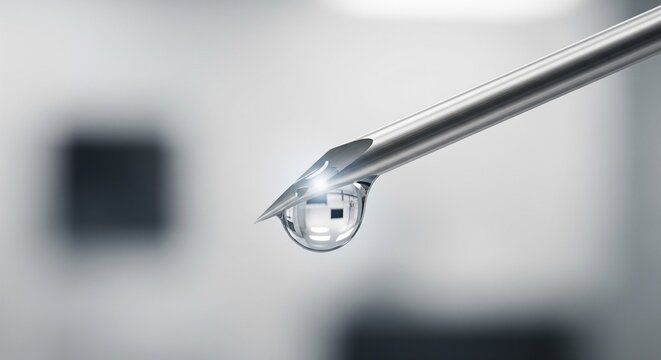 A macro bright shot of a metal needle tip with a shiny clear liquid droplet hanging on it against a soft white background
