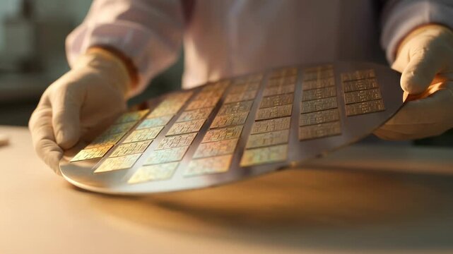 Gloved engineer holding silicon wafer with microchip components