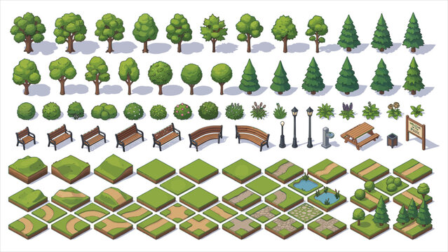  Isometric Park Asset Pack with Trees, Benches, and Grass Tile Textures