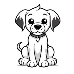 Fototapeta premium Cute cartoon puppy illustration in black and white, sitting with a collar and heart tag, featuring big expressive eyes and a friendly demeanor.