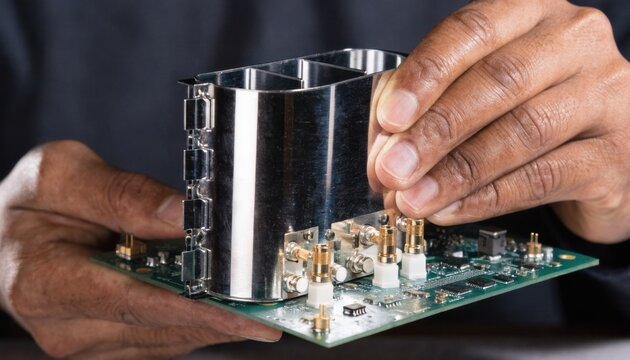 Closeup of hands installing a clipon EMI shield can onto sensitive radio frequency circuitry demonstrating quick and efficient metal shielding for optimal device performance.