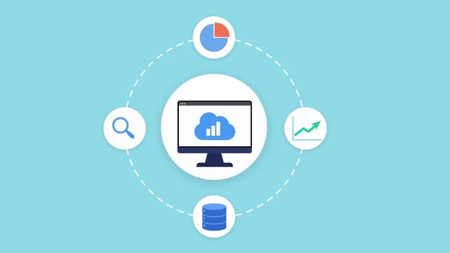 Animated cloud analytics computer illustration featuring connected chart, search, database, and statistics icons around a computer interface in a smooth looping technology scene.