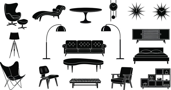 Mid-century modern furniture silhouette collection featuring iconic chairs sofas tables lamps and clocks for interior design projects vector illustration