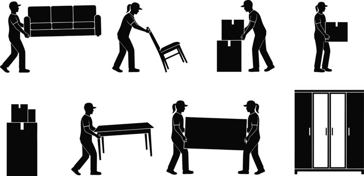 Movers and delivery workers carrying furniture and cardboard boxes set of black silhouettes for relocation and logistics service design vector