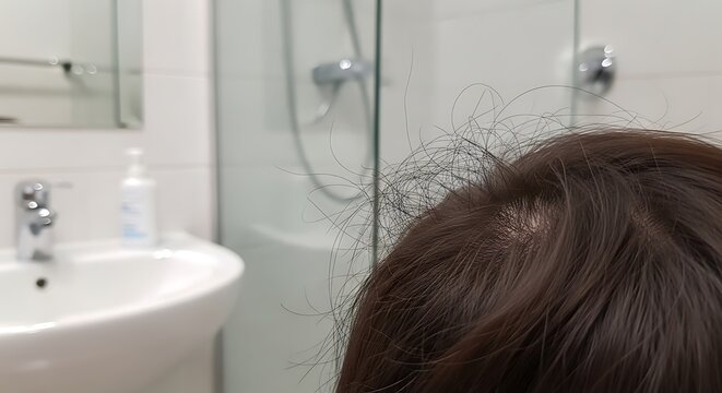 Messy Brown Hair Close Up in Bright Bathroom Interior