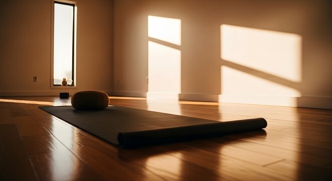 Unrolled organic cork mat for yoga and meditation practice inside a cozy modern home gym setup, suitable for sports marketing, healthy lifestyle, and relaxation therapy.