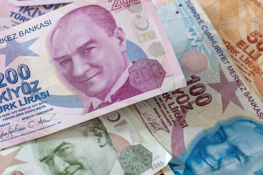 Turkish Lira Banknotes Background Top View Full Frame. Financial and business concept.