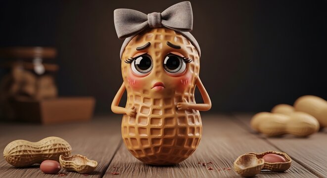 Sad peanut character with a grey bow and big eyes. Emotional food mascot and allergy awareness. Unhappy brown nut person standing on a wooden surface with peanut shells