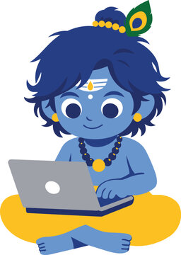 Cute Baby Krishna Using Laptop