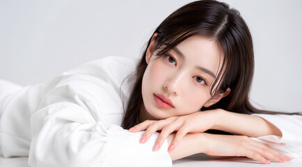 Obraz premium Beautiful Young Asian Woman Lying Down and Resting Chin on Hands Studio Portrait