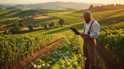 Fototapeta premium A farmer using a tablet for field work in a scenic landscape