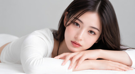 Obraz premium Beautiful Young Asian Woman Lying Down and Resting Chin on Hands Studio Portrait