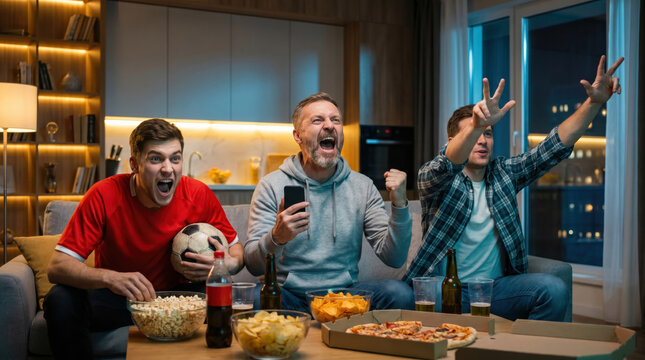 Friends enjoying football game night with snacks and drinks during Football World Cup 2026 broadcast, vibrant sports lifestyle scene celebrating community spirit and match excitementOpened ingredient