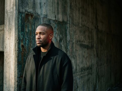 Black man with buzz cut wearing dark jacket against textured concrete wall 1