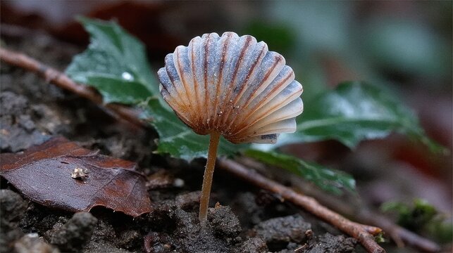 Delicate Parasola Mushroom Amidst Forest Floor Debris and Greenery.