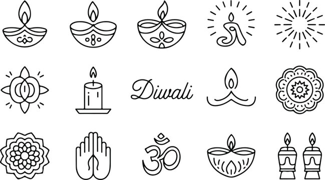 Hand drawn Diwali festival celebration elements and traditional symbols isolated on transparent background