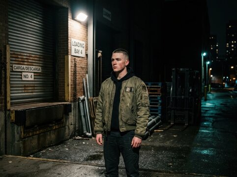 Man with crew cut in olive bomber jacket standing at night loading dock