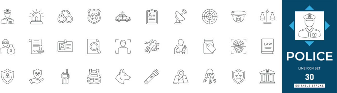 Police line icon set featuring law enforcement, security, protection, officer, investigation, arrest, and justice. Professional editable vector illustration for security apps and UI UX design.
