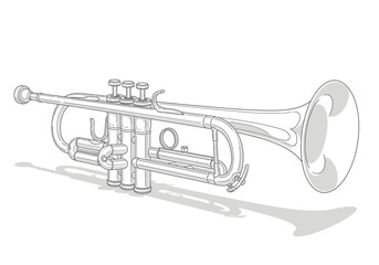 Obraz premium Black and white line art illustration of a trumpet musical instrument with instrument