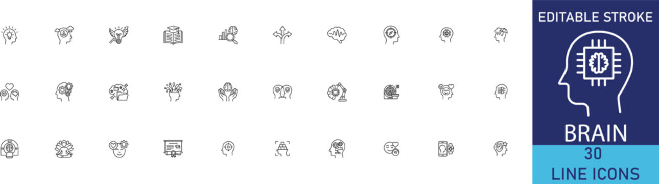 Brain and mental process line icon set. Vector symbols for human intelligence, creative thinking, neurology science, psychology, and artificial intelligence.