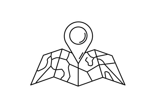 Minimalist line art icon of map pin pointer on open navigation chart with location