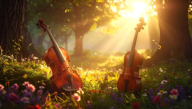 Two violins stand in a sunlit meadow filled with wildflowers, trees framing a bokeh landscape in the soft background
