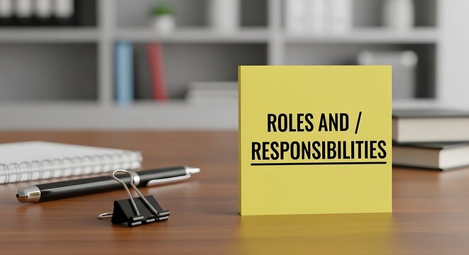 A yellow note with roles and responsibilities on a desk