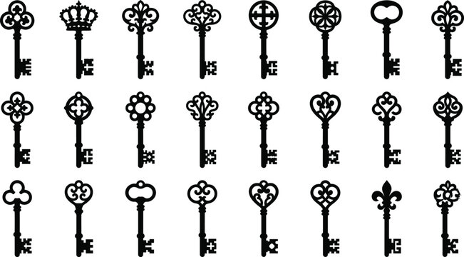 Vintage ornate key silhouettes collection isolated decorative antique skeleton key illustration