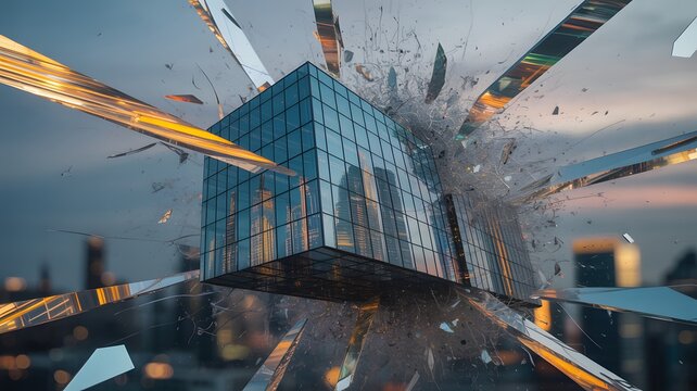 Glass cube skyscraper fragments dramatically explode outwards with shards reflecting a dynamic city skyline and overcast sky.