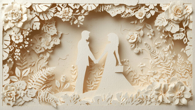 Wedding couple silhouette in intricate paper cut floral frame with cream tones and botanical details