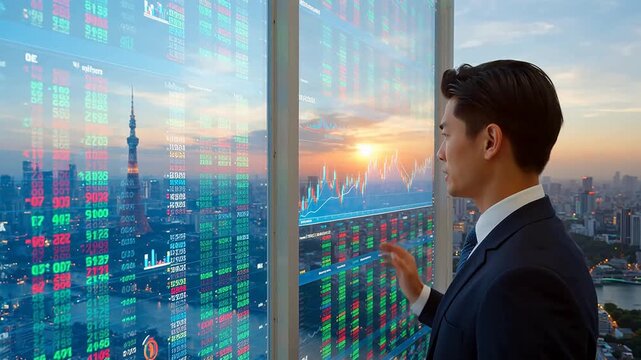 企業の成功と戦略計画を強調する株式市場データ分析を行うビジネスマン