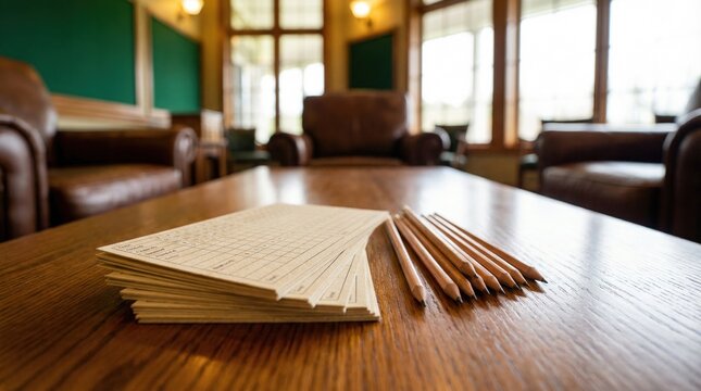 A space shows several stacked notebooks and pencils placed on a wooden table. Nearby are leather chairs and large windows letting in daylight