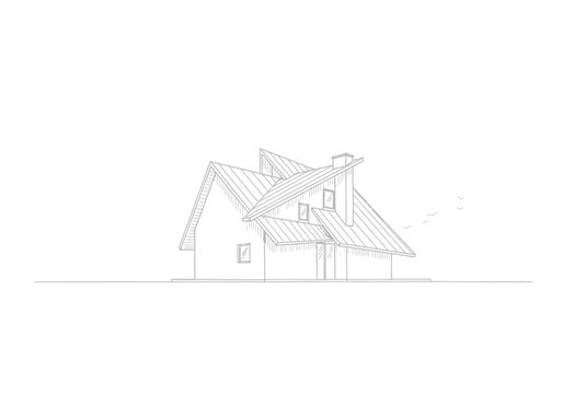 Minimalist architectural sketch of a modern pitched roof house in mountain landscape