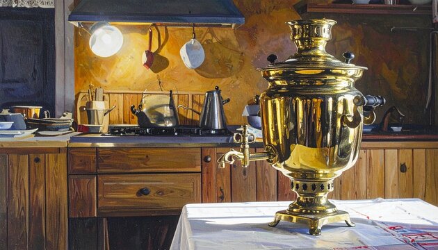 Polished Samovar Urn on Wooden Table in Warm Rustic Kitchen with Reflective Surface