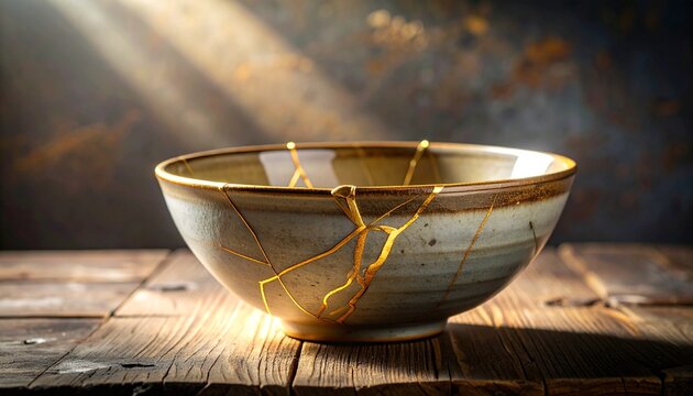 Broken ceramic bowl repaired with gold kintsugi technique on wooden surface in warm natural light