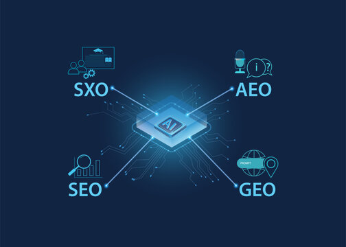 AI search optimization ecosystem with seo, sxo, aeo, and geo.