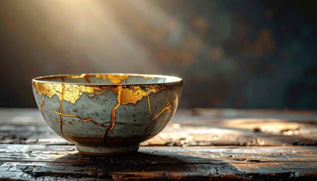 Kintsugi bowl with gold repair seams on wooden surface in warm natural light close-up