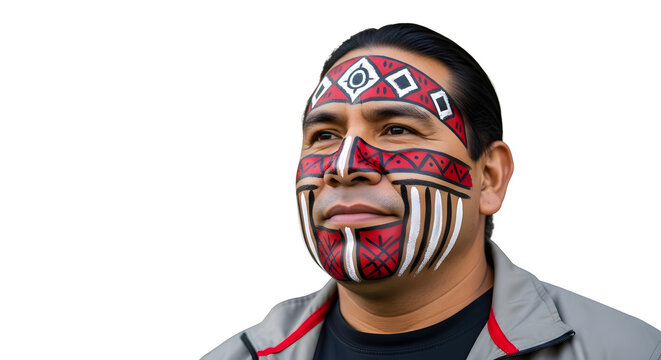 A man with a vibrant and dramatic face paint design looks directly at the camera.