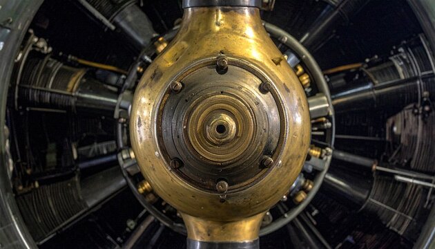 Vintage Aircraft Radial Engine Cylinder Head Close-Up in Dark Workshop Setting