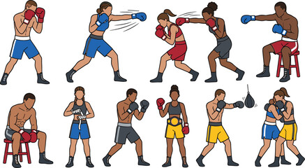 Fototapeta premium Collection of boxing athletes and combat sport vector illustrations featuring fighters training, sparring and professional boxing match action scenes
