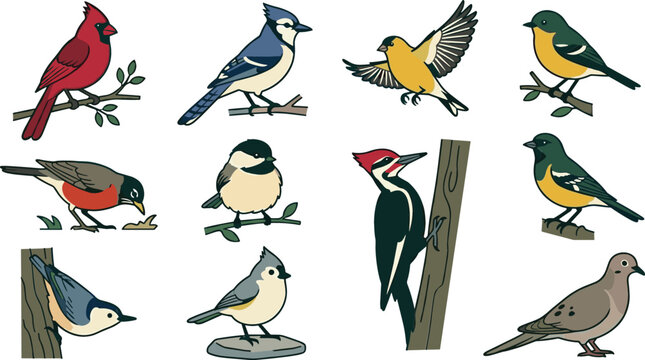 Collection of colorful bird vector illustrations featuring cardinal, blue jay, woodpecker and small songbird wildlife nature designs